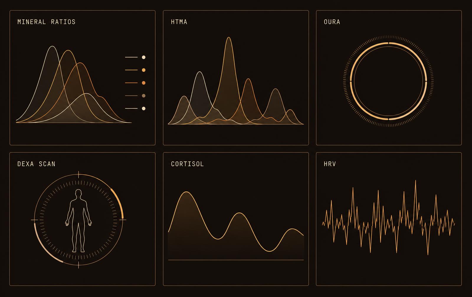 Reset OS dashboard panels: mineral ratios, HTMA, Oura, Dexa scan, cortisol and HRV